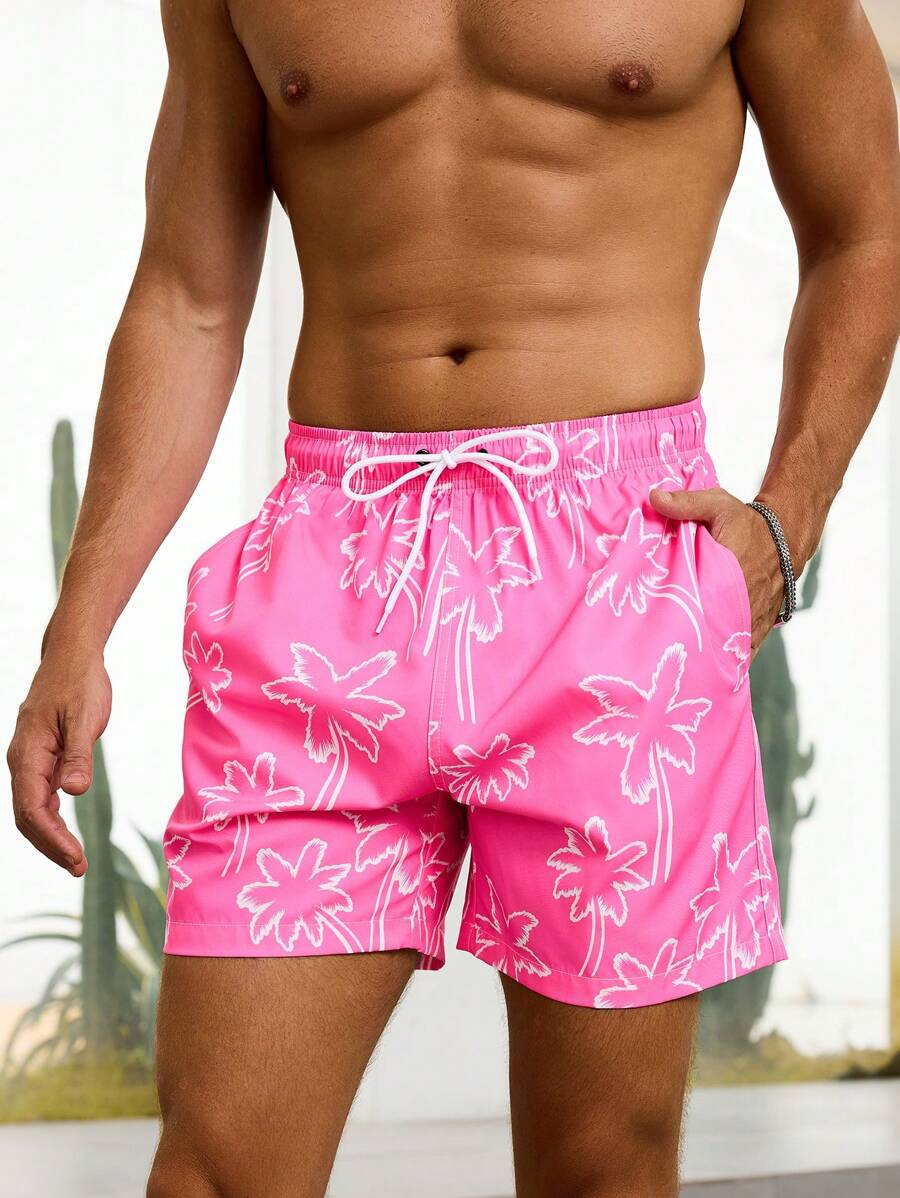 Manfinity VDAYZ Men's Floral Print Pocket Drawstring Waist Beach Shorts, Suitable For Summer, Hawaiian Beach Wear Men Beach Shorts