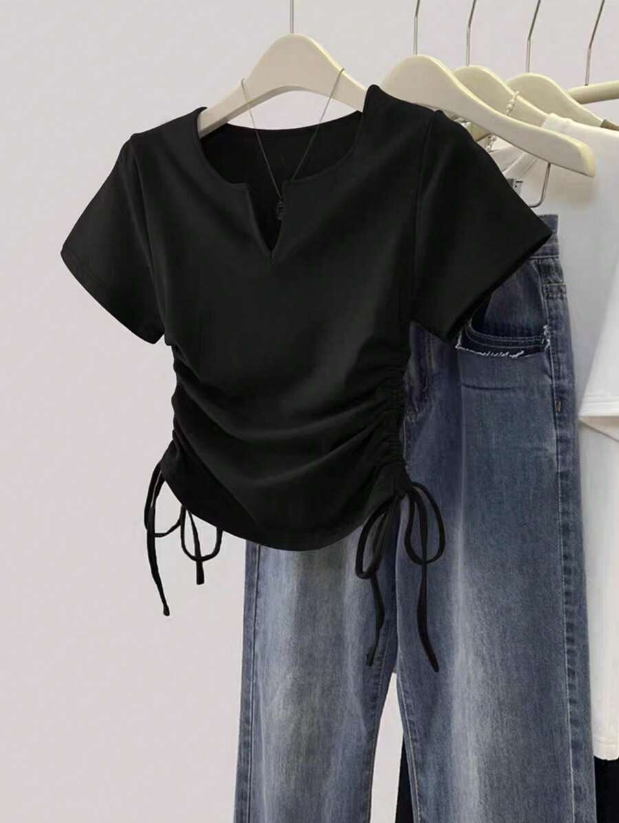 SHEIN Women's Casual Solid Color Side-Drawstring Short Sleeve T-Shirt, Summer