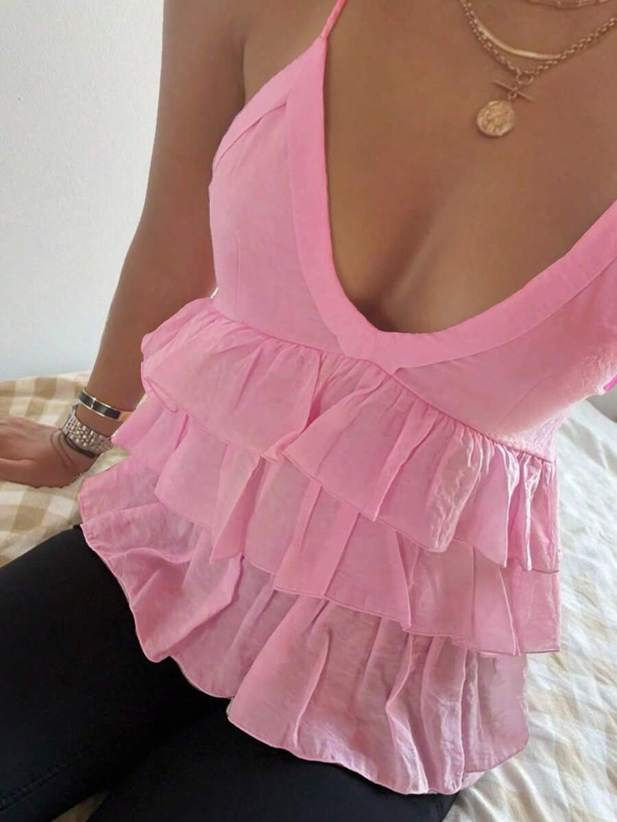 SHEIN PETITE CURVE Top baby doll con balze orlo a strati, colore rosa tinta unita, taglie comode per donna
