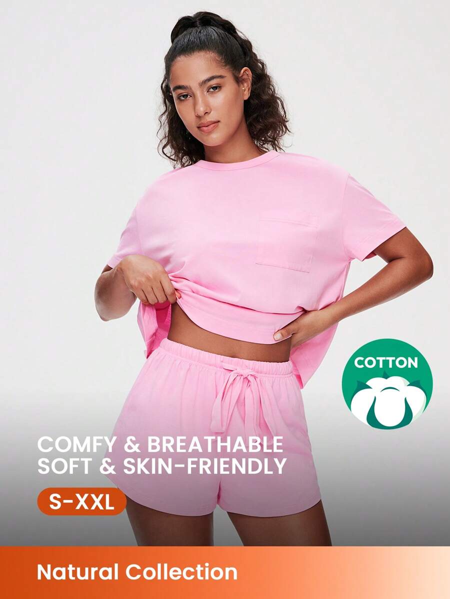 LUVLETTE Weiches Baumwoll-Loungewear-Set aus kurzärmeliger Crew-Neck-Oberteil in Rosa und Shorts, luftige Pyjama-Garnitur, sportlich-lässige, bequeme Outfits mit Taschen, Lingerie als Oberbekleidung
