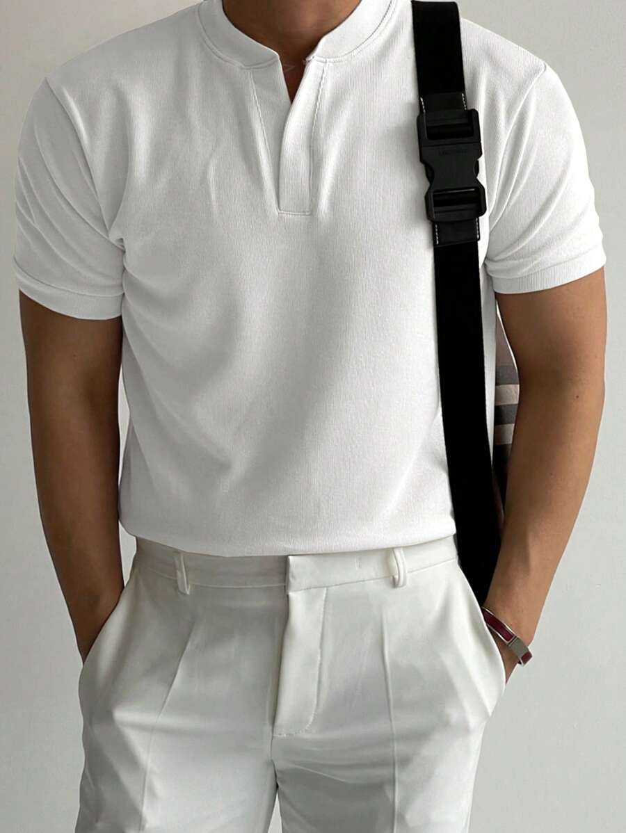 DAZY Camiseta ajustada de hombre de unicolor azul con cuello en V y cierre de 1/3, ropa de vuelta al colegio