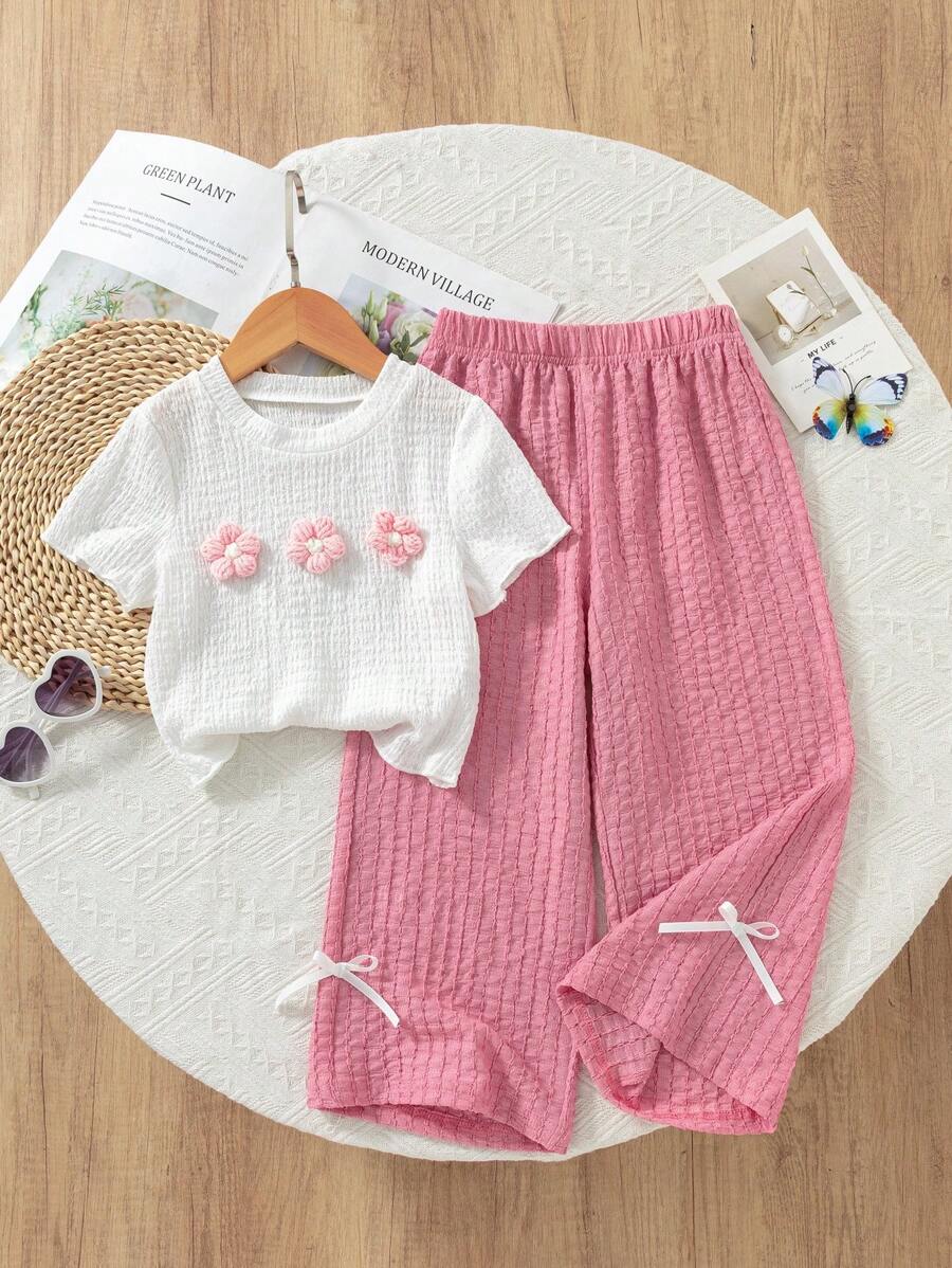 Set de 2 piezas para niñas (tamaño pequeño) que incluye una camiseta texturizada con decoración floral 3D y pantalones casuales largos, adecuado para estar en casa y salidas casuales