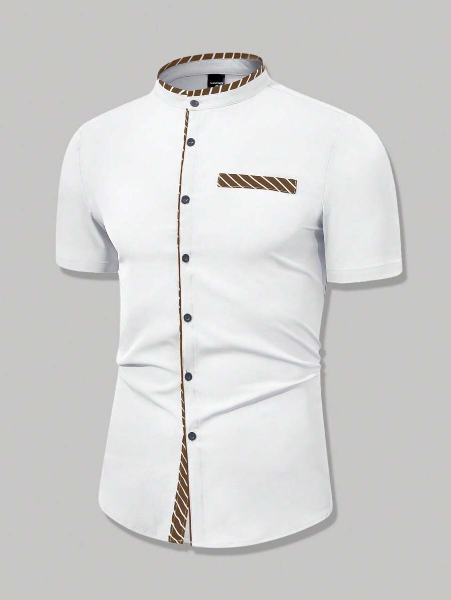 Manfinity Mode Men's Casual Summer Short Sleeve Striped Stand Collar Shirt, Slim Fit Button-Down Casual Shirt With Contrast Color Pocket Design, Versatile For Daily, Casual, Holiday, Commute, Gift For Husband Or Boyfriend Men Fitted Shirts Men Designer Shirts Style Shirts For Men Mens Fashion Shirts Men Dress Shirts Short