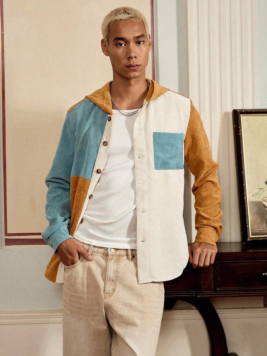 SWAVVY Camicia con cappuccio in velluto a coste ampio taglio, con inserti a blocchi di colore e tasche, per uomo (senza maglietta sottostante)