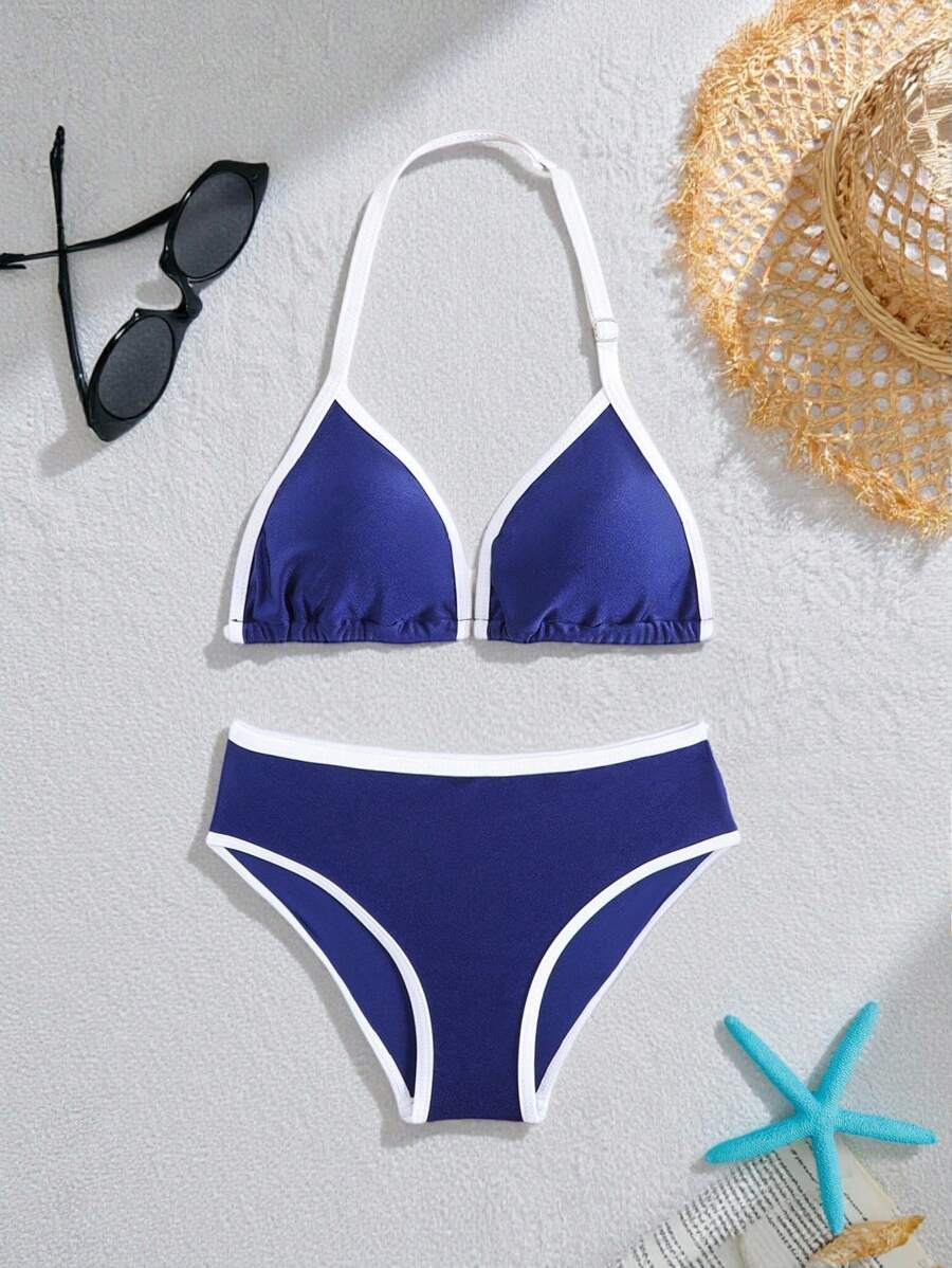 Set de 2 piezas de traje de baño tipo tankini casual y simple en azul y blanco para niñas preadolescentes, conjunto de ropa de playa, trajes de baño, trajes de baño para mujer, conjuntos de trajes de baño para adolescentes, conjunto de traje de baño, trajes de baño para chicas adolescentes de dos piezas
