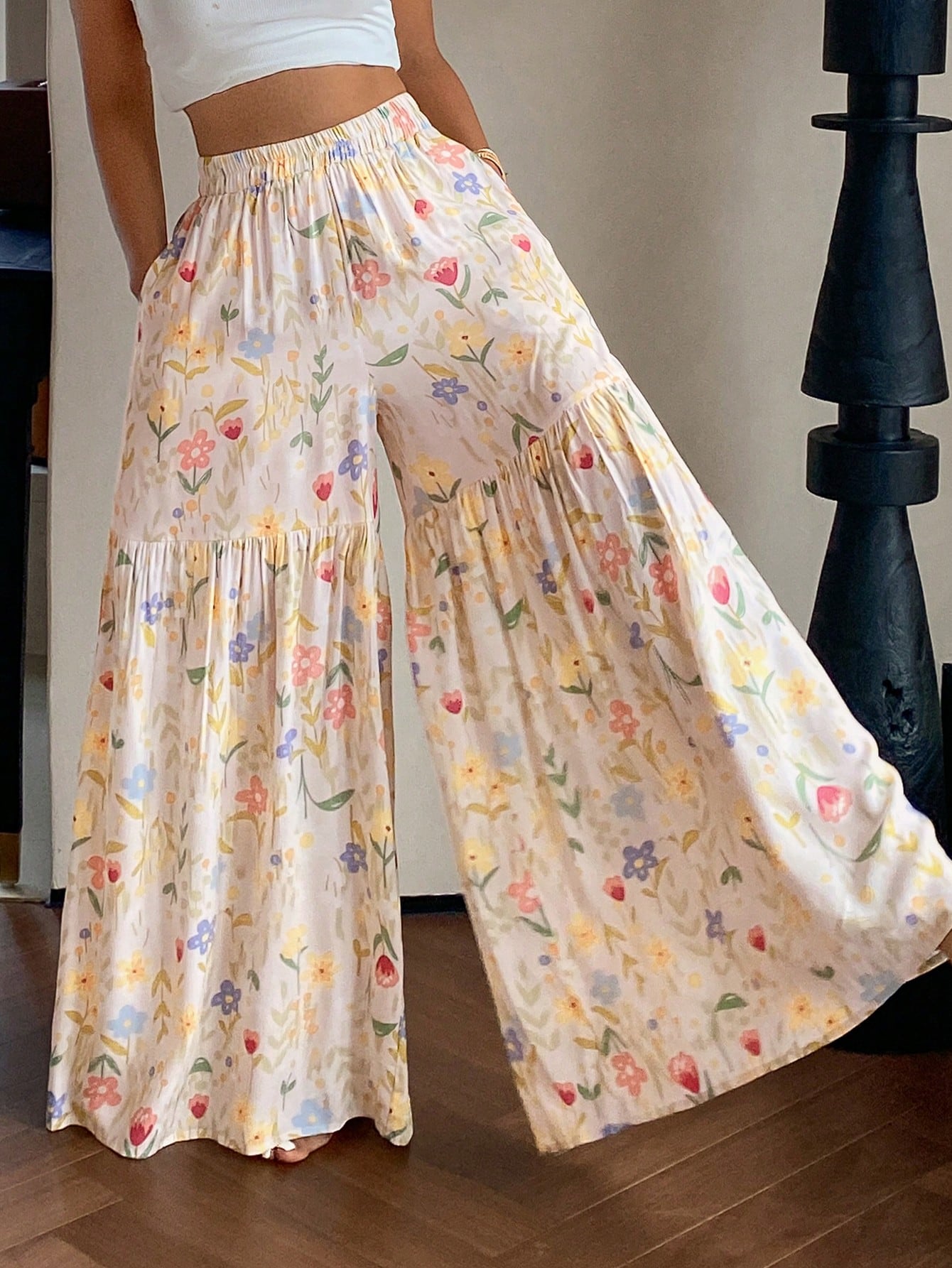 DAZY Women's Summer Lightweight Ditsy Floral Loose Wide Leg Pajama Pants, Fall