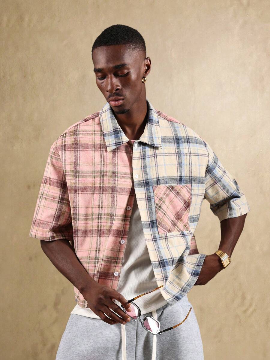 SUMWON Camisa informal de manga corta y dos tonos en estilo de bloques de color a cuadros con botones, para uso casual en primavera y verano, de tela ligera
