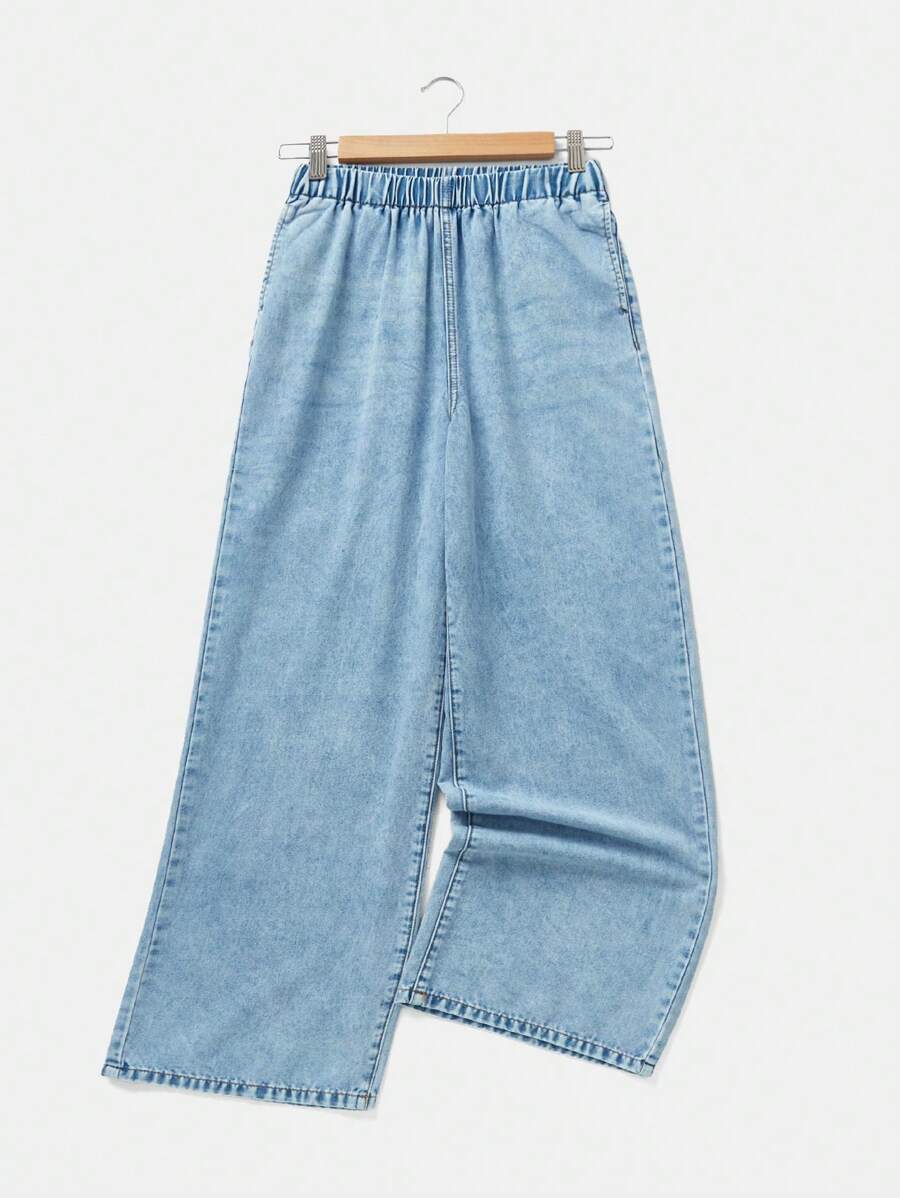 SHEIN Blugi din denim spălați, casual, moi și subțiri, cu talie elastică, pentru fete adolescente, primăvară/vară