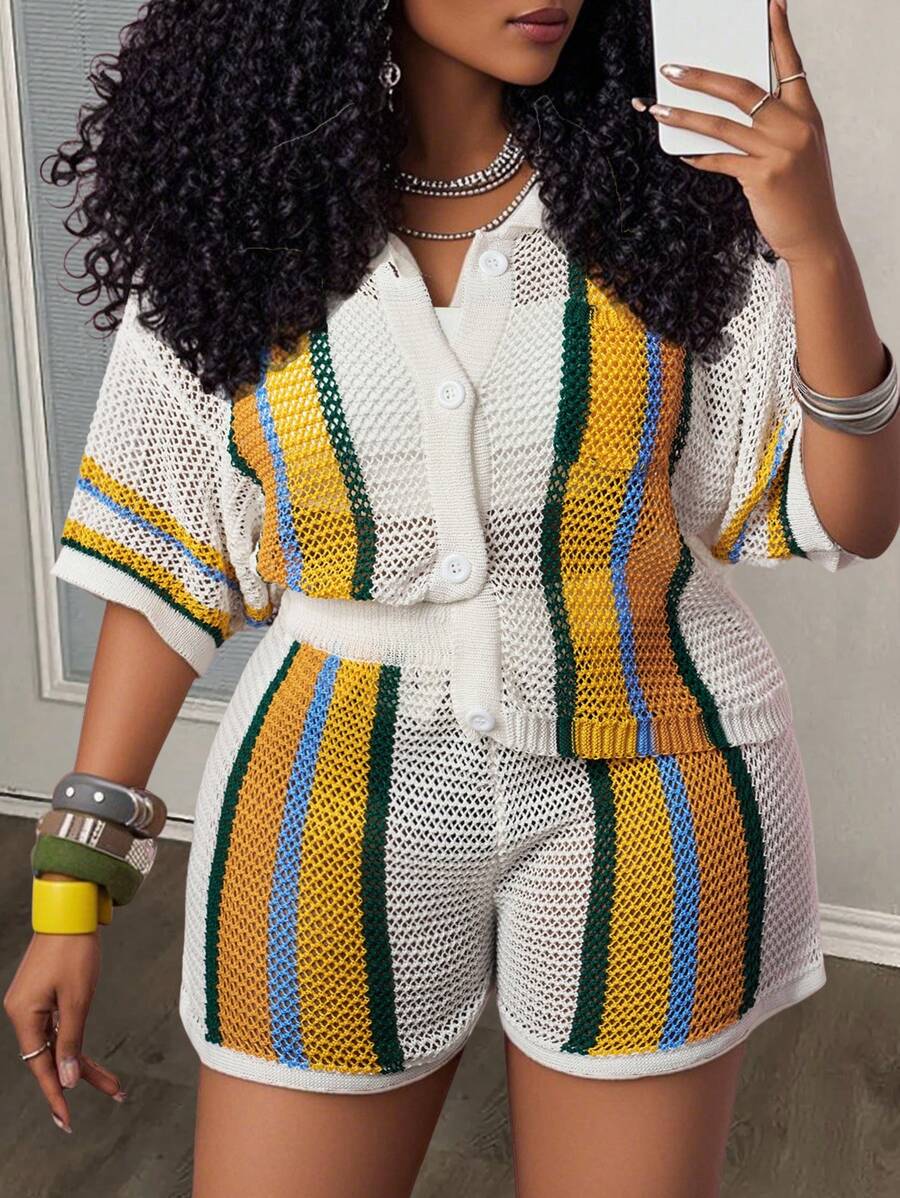 Slaydiva 2pcs Set 2025 Spring & Summer Casual & Beach Resort Knitted Collared Short Sleeve Blouse With Pocket And Shorts, Colorful Stripe Contrast Knitted Set, Plus Size Women
