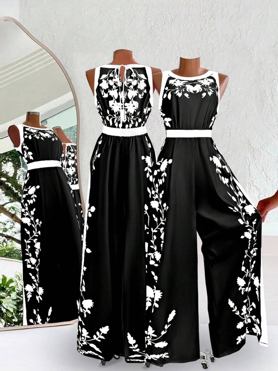 SHEIN Clasi Tuta larga estiva senza maniche con stampa a contrasto di colore, taglie forti per donna