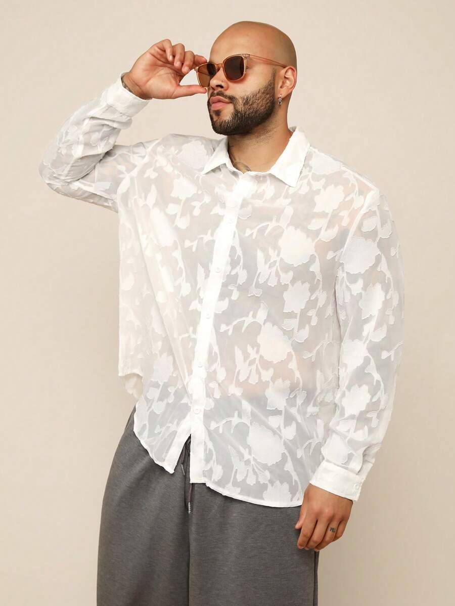 EASEVO Camisa casual blanca de manga larga, suelta y semitransparente, para hombres de talla grande