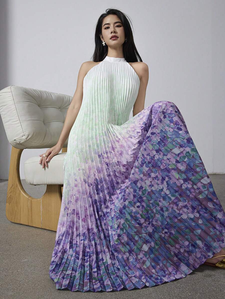 Heiryn Vestito elegante da donna con scollo alla halter, plissettato, con stampa floreale sfumata