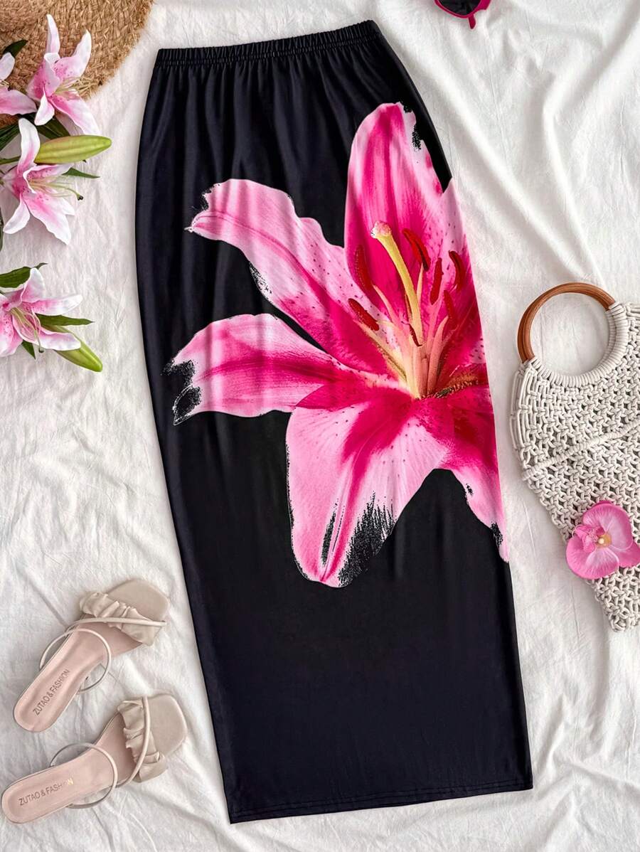 SHEIN Jupe crayon pour adolescentes avec imprimé floral contrasté noir, jupe longue transparente en maille tricotée pour les vacances, taille très basse ajustée, grands imprimés floraux, coupe sirène serrée, jupes d'automne, costume, plage