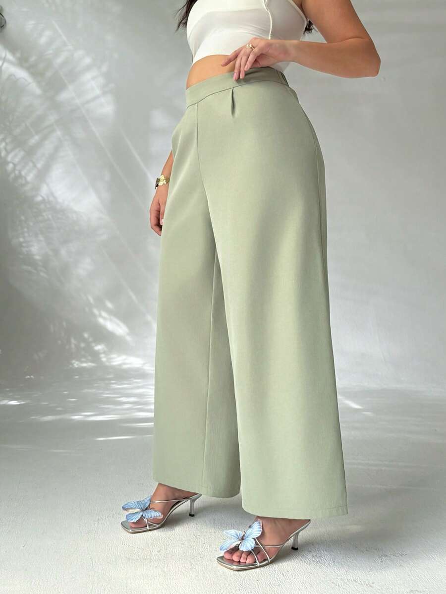 SHEIN Privé Plus Size High-Waisted Pleated Wide Leg Pants, Elegant Casual Commuter Versatile Luxury Retro College Style, Suitable For Office, Afternoon Tea, Dates, Concerts, Parties, Autumn/Winter