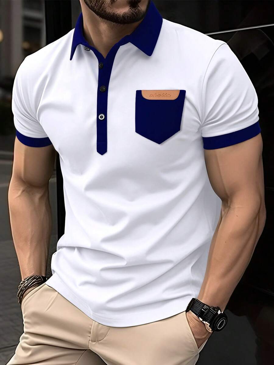 Manfinity Mode Men's Contrast Color Block Collar Half-Zip Casual Polo Shirt, Summer