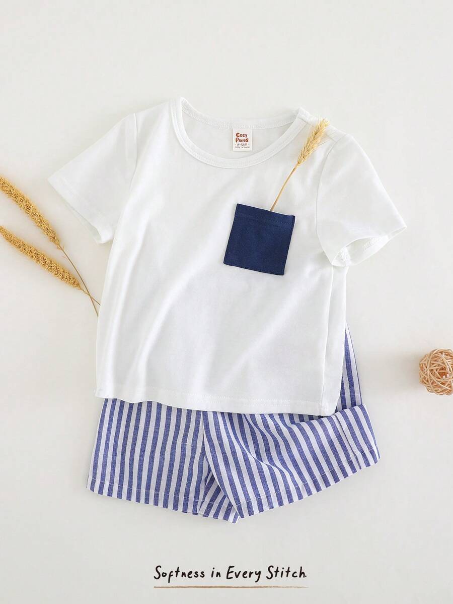 Cozy Pixies Set de 2 piezas para niños bebés con parte superior de manga corta de cuello redondo tejida de color contrastante y pantalones cortos de cintura elástica