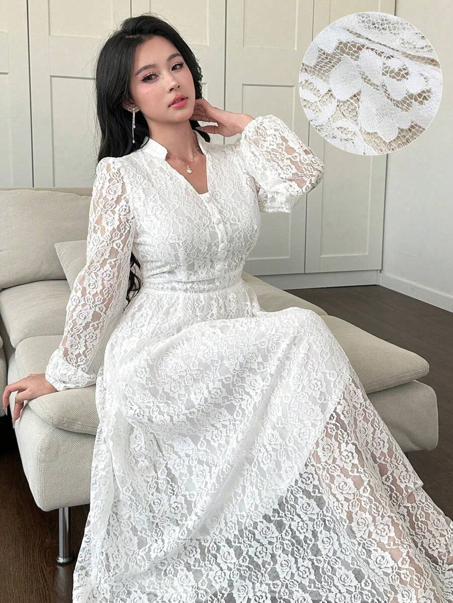 Modelyn Abito elegante con scollo a V intagliato, in pizzo elastico