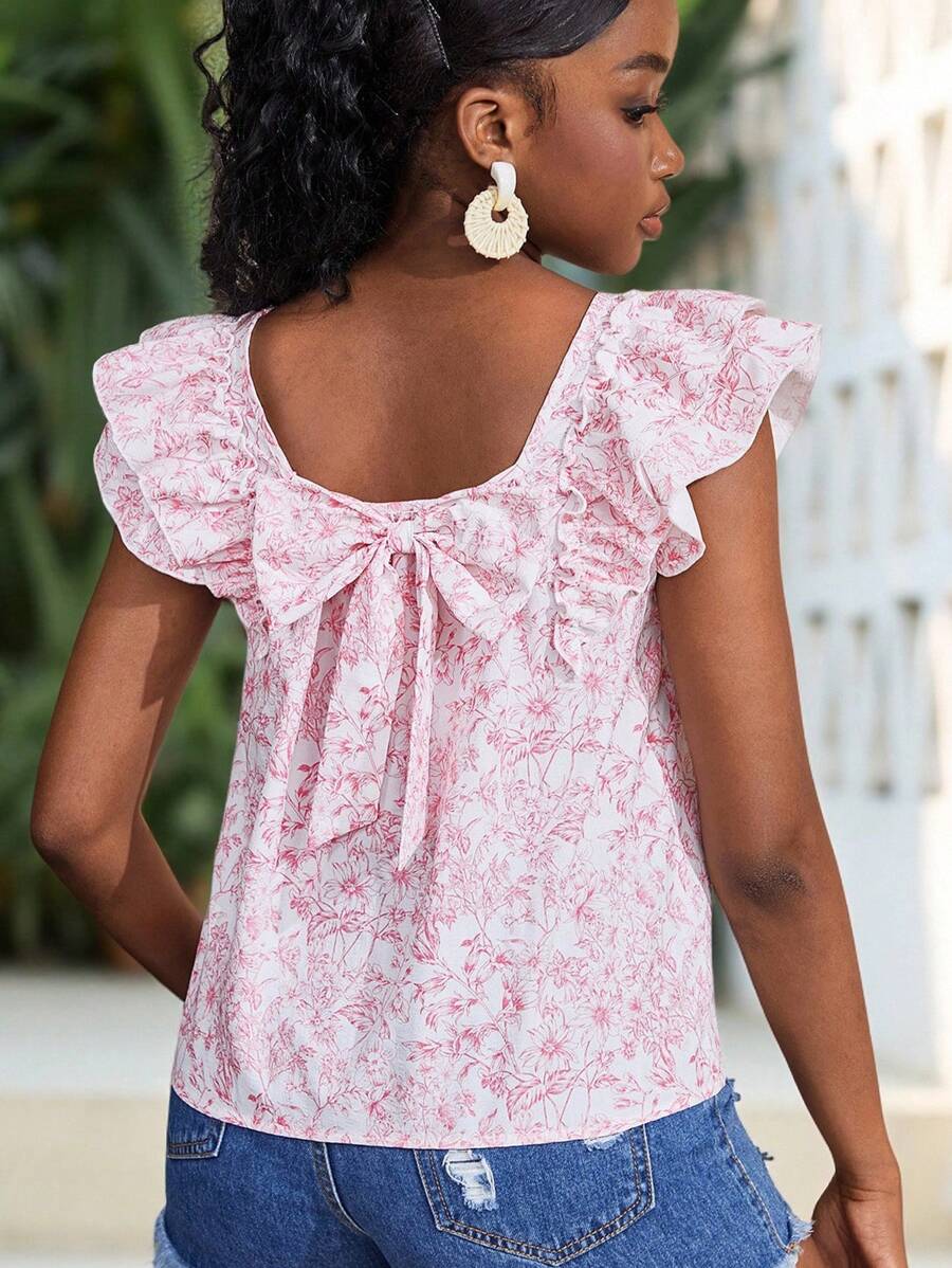 SHEIN Teen Girl Casual Ditsy Floral Bow Back Ruffled Short Cap Sleeve Blouse, Spring/Summer Daily & Holiday, Beach Vacation