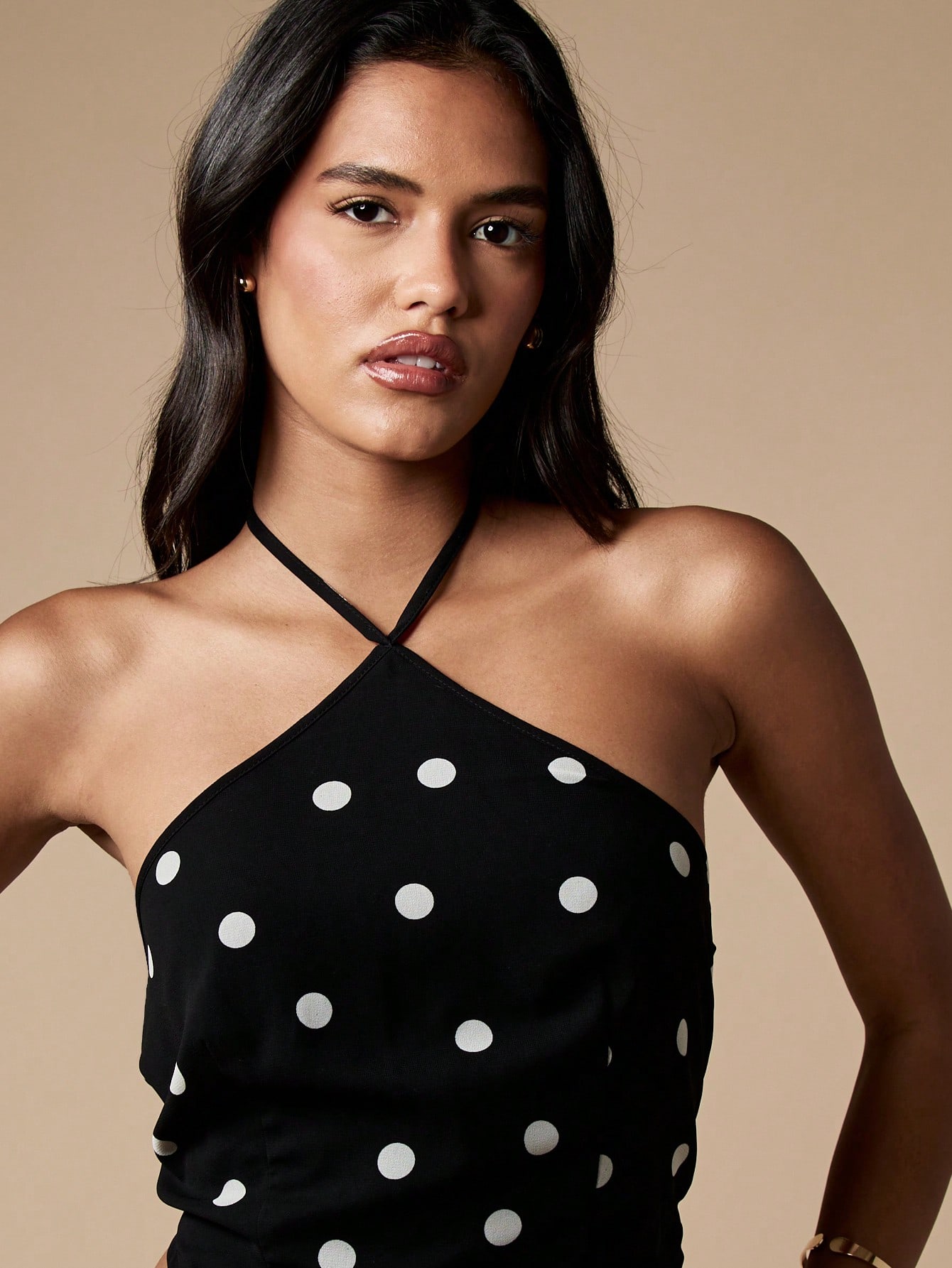 MISSGUIDED Polka Dot Halter Neck Corset Style Fitted Crop