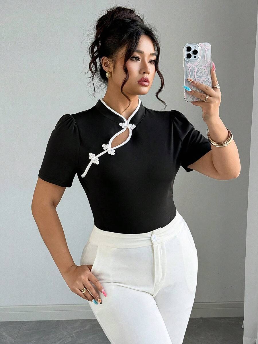 Celure Plus Size Women Elegant Solid Contrast Color Button Decor Stand Collar Short Sleeve High Stretch Knit Fabric T-Shirt, Suitable For Commuting, Work, Business Casual And Daily Wear
