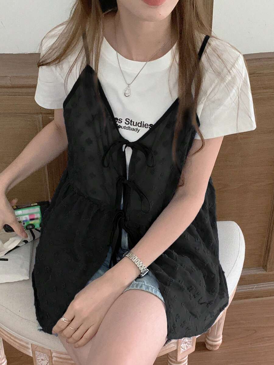 DAZY Women Summer Casual Sleeveless Top With Tie Detail And Ruffle Hem