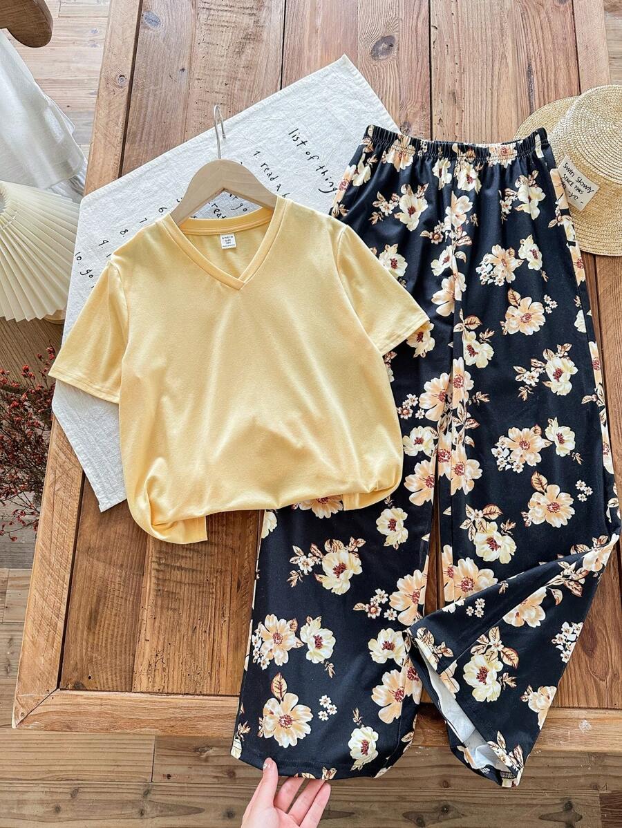 Conjunto de 2 piezas de niña preadolescente con camiseta de manga corta con cuello en V minimalista y conjunto de pijama informal con estampado floral retro