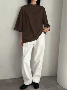 Dazy-Less Camiseta de manga corta de color liso, informal y holgada para uso en oficina, estilo minimalista, casual de negocios para mujer