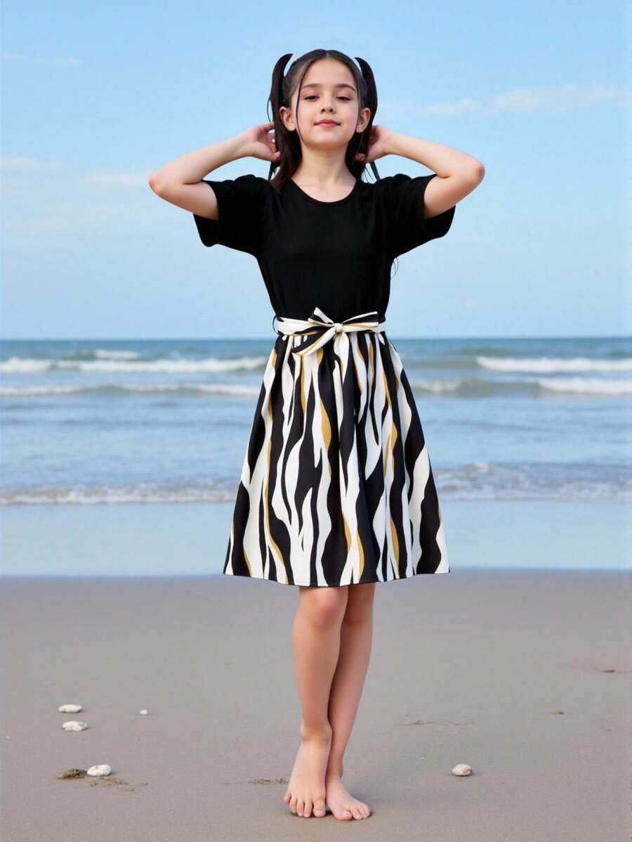 SHEIN Vestido de manga corta con lazo floral y cinturón acanalado en negro y dorado para niña preadolescente