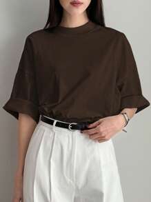 Dazy-Less Camiseta de manga corta de color liso, informal y holgada para uso en oficina, estilo minimalista, casual de negocios para mujer