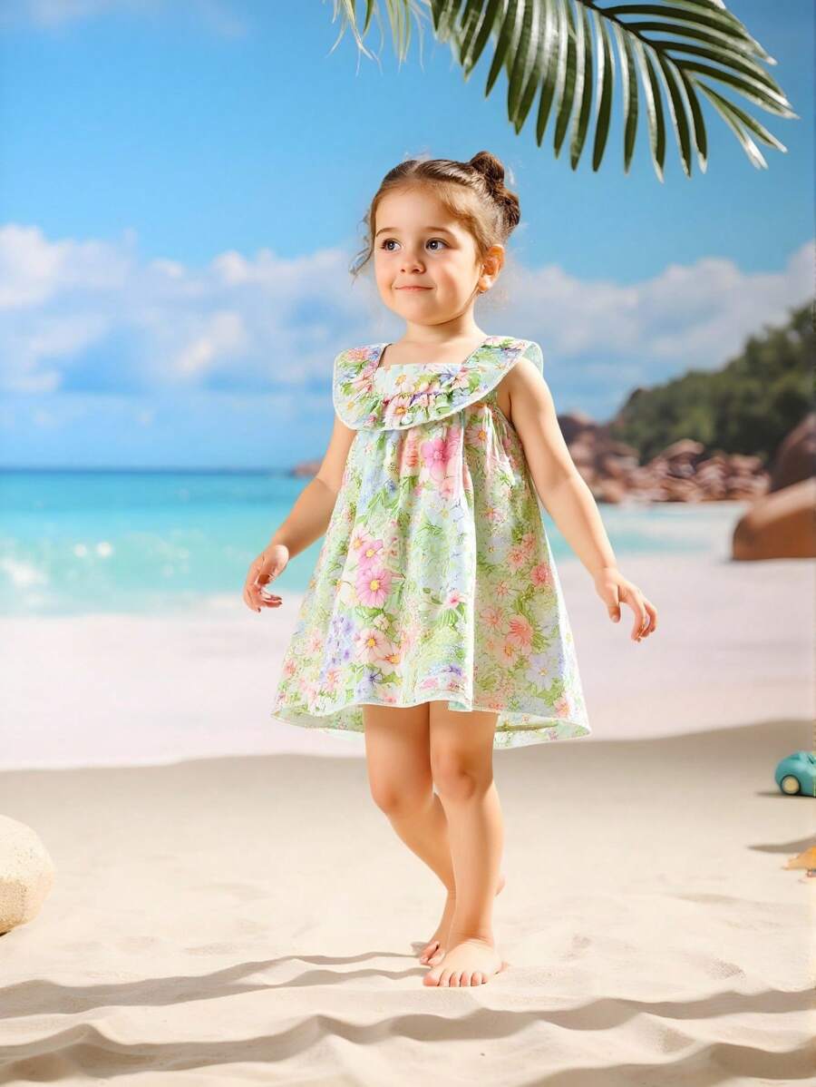 SHEIN Baby Girl Sleeveless Simple Fashion Floral Print Chiffon Bodysuit For Summer