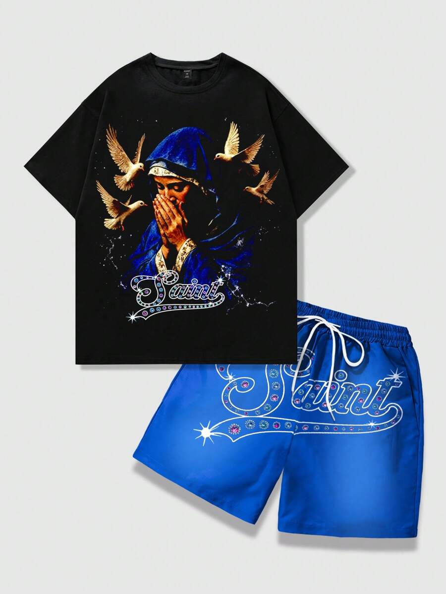 ROMWE MEN Street Life Set de 2 piezas de camiseta de manga corta con gráfico de retrato masculino y shorts, apto para uso diario, primavera/verano