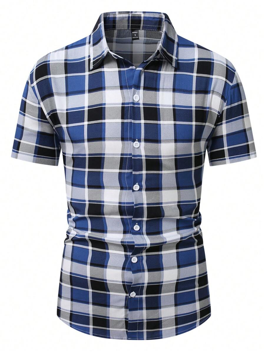 Manfinity Homme Camisa de verano de manga corta con botones y estampado a cuadros (estampado irregular)