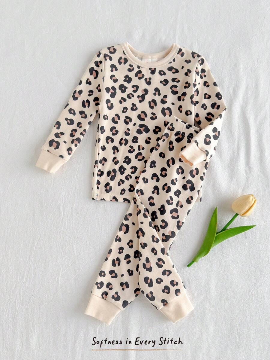 Cozy Pixies Baby Girls 2 Pieces Leopard Print Knit Soft Round Neck Short Sleeve Top And Elastic Waist Slim Fit Pants Pajama Set