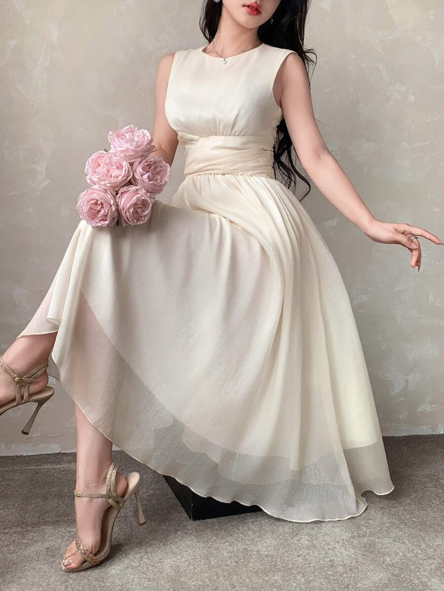 DAZY Abito elegante da resort da donna senza maniche, in tessuto strutturato con vita stretta