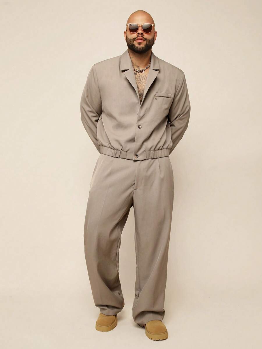 EASEVO Plus Size Men's Woven Casual Long Sleeve Suit Set