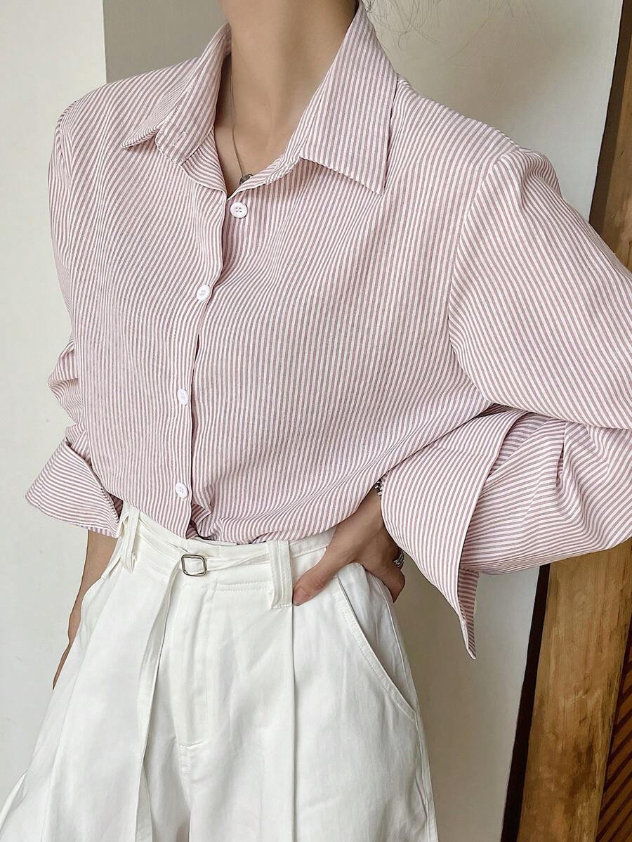 DAZY Women Vertical Striped Loose Fit Casual Long Sleeve Shirt, Summer
