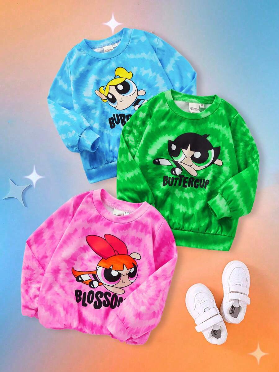 THE POWERPUFF GIRLS X SHEIN Young Girl 3-Piece Set: Tie-Dye Sweatshirt And Blossom, Bubbles, Buttercup Pattern Sweatshirt, Long Sleeve, Autumn/Winter