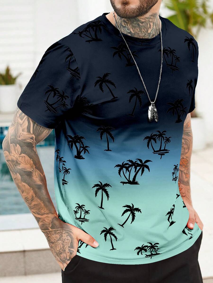 Manfinity RSRT Camiseta de hombre con estampado gradiente de palmeras y efecto tie-dye aleatorio, para vacaciones relajadas
