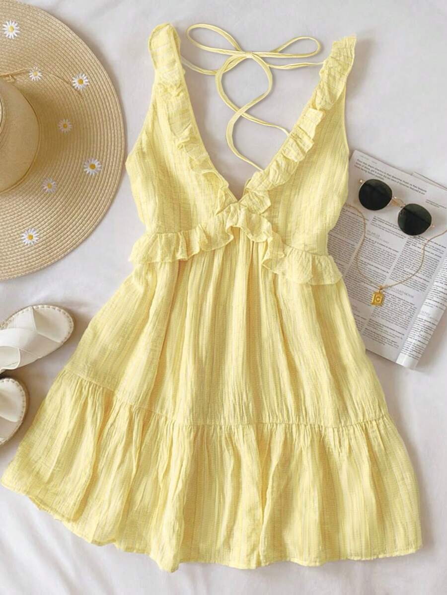Dames mini-jurk met ruches en bandjes, effen kleur en geel, casual vakantiestijl, zomer
