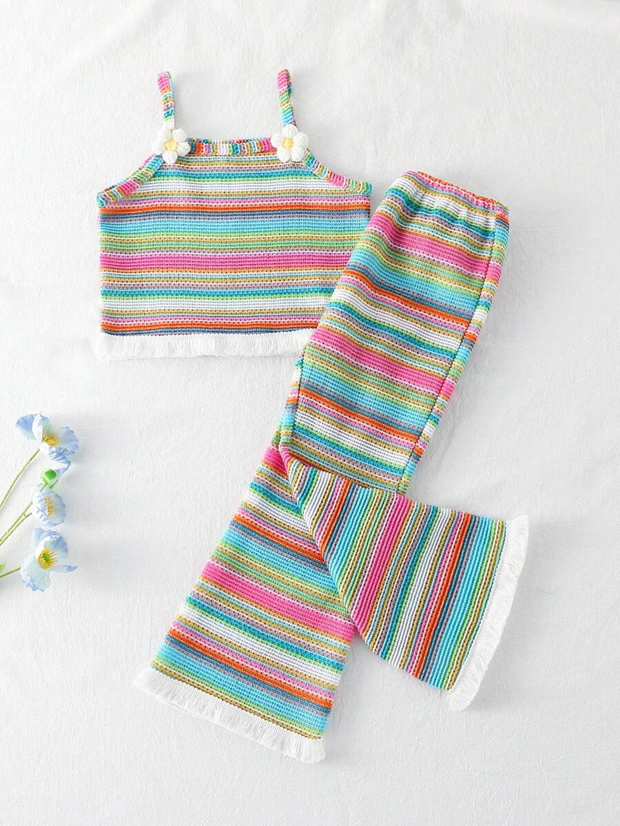 Playful Pals 2pcs/Set Young Girl Casual Colorful Stripe Tassel 3D Floral Decor Camisole & Flare Pants Set, Suitable For Spring/Summer, Outings, Travel, Photography, Parties, And Daily Wear