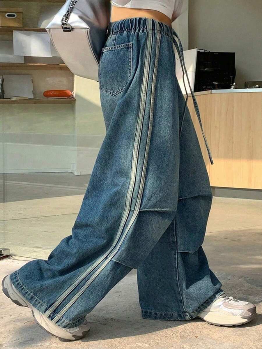 Dazy Plus Jean long déchiré à jambe droite ample avec taille élastique patchwork, convient pour toutes les saisons