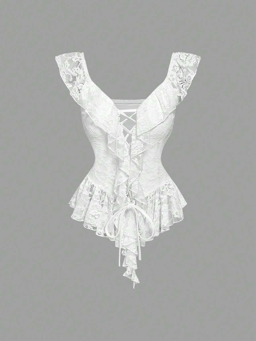 SHEINxHITOMI SHEIN MOD Elegante blusa bianca da donna con arricciature in pizzo vintage, aderente