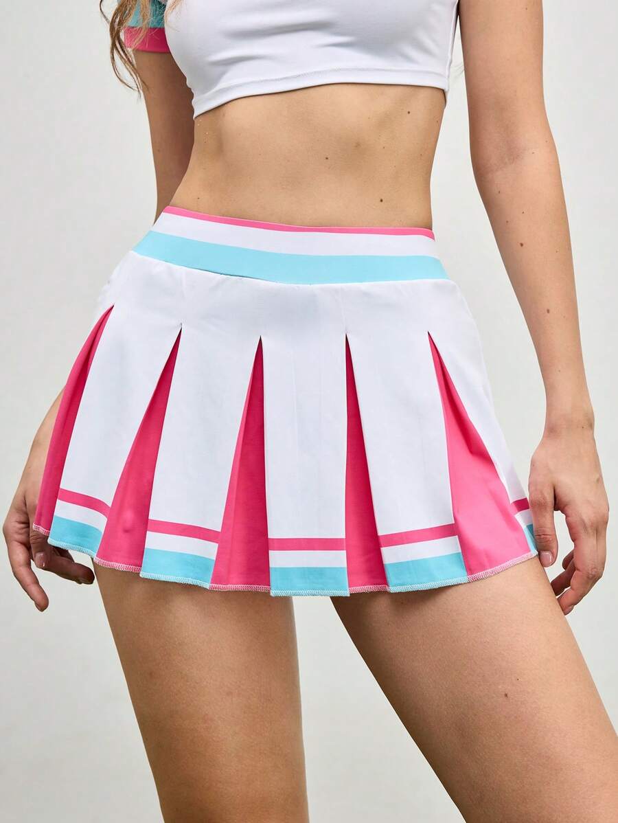 Cheerettes Contrast Color Striped Print Waistband Summer Sports Mini Skirt-Shorts