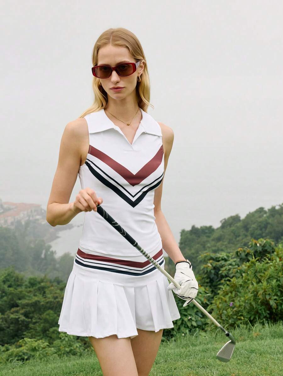 Activina Activina Polo sport casual da donna con blocchi di colore e righe, senza maniche