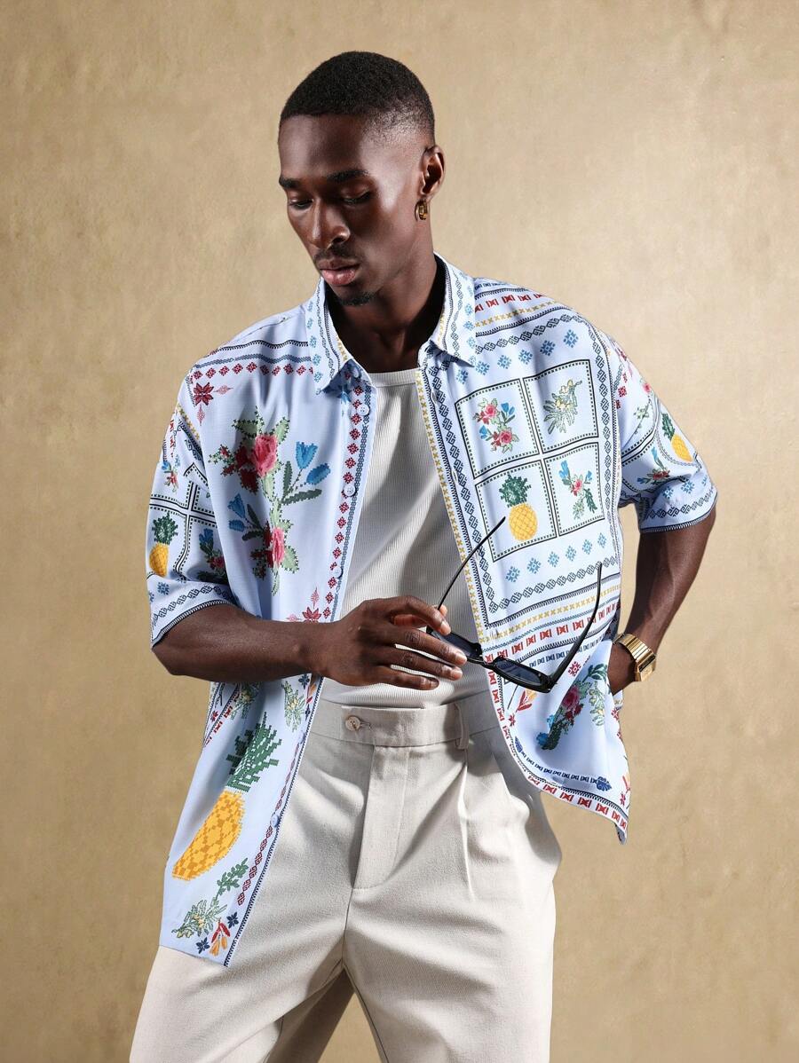 SUMWON Camisa hawaiana de manga corta con botones, de uso casual para vacaciones, playa y verano, con patrón de punto de cruz floral y piña