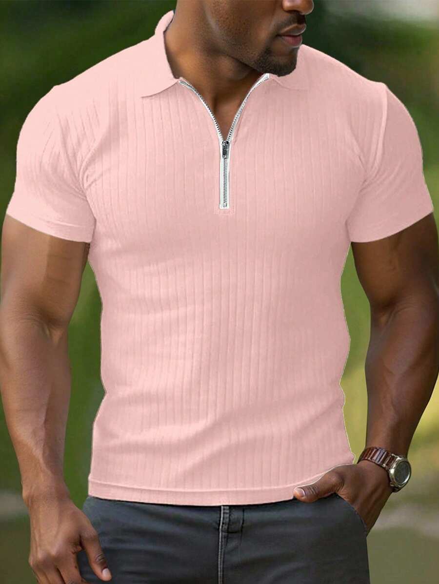 Manfinity Homme Camisa polo casual de manga corta con media cremallera, corte regular y rayas acanaladas para hombre