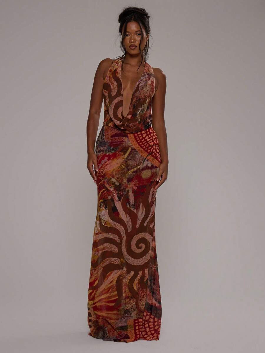MUSERA Halterneck Cowl Extreme Plunge Front Low Back Floaty Hem Maxi Dress Spring Summer Vacation Holiday Elegant Beachwear Boho Romantic Ibiza Beach Fall Night Out Wedding Guest, Elegant, Date Night