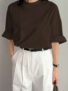 Dazy-Less Camiseta de manga corta de color liso, informal y holgada para uso en oficina, estilo minimalista, casual de negocios para mujer