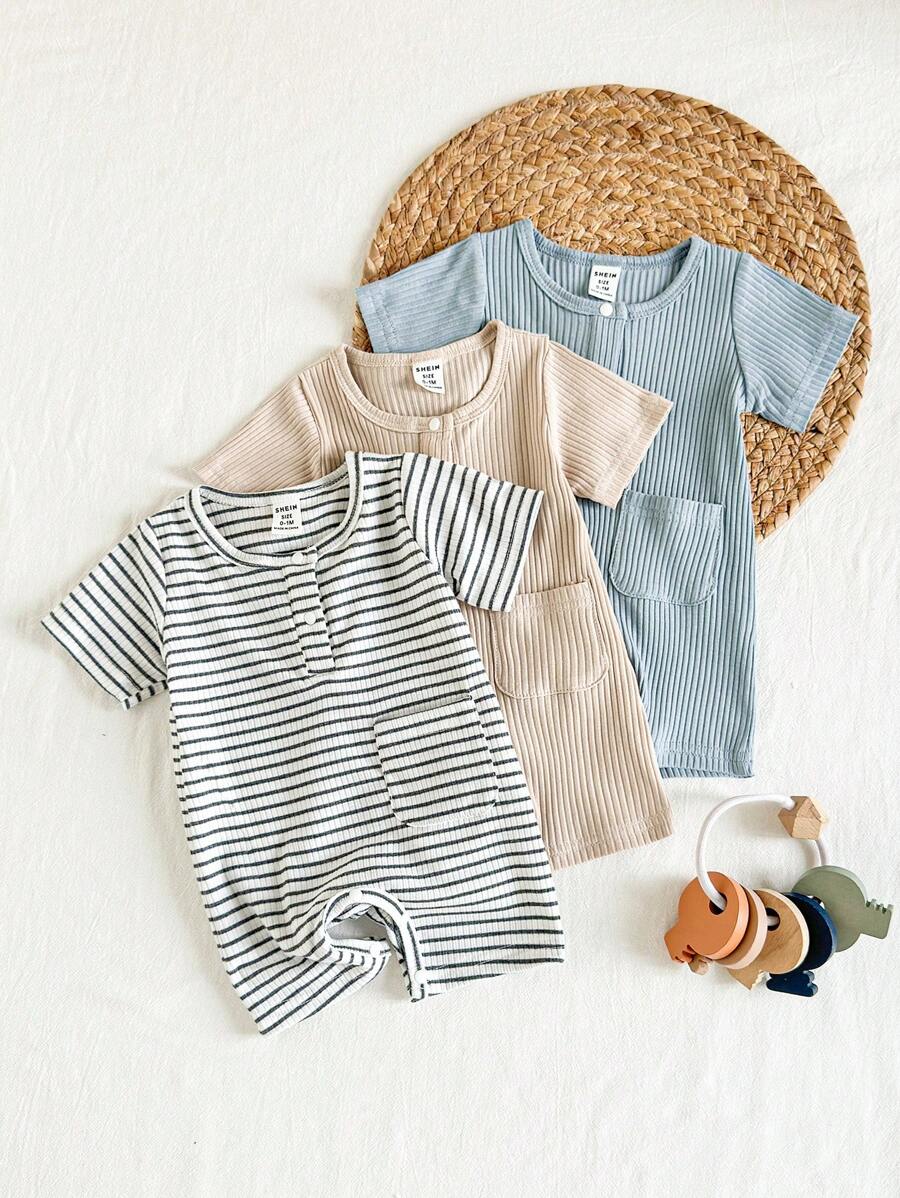 SHEIN 3pcs/Set Newborn Baby Round Neck Half-Snap Romper & Shorts Set, Cute Simple Design, Soft & Comfortable Rib Fabric, Suitable For Everyday Home, Outdoor, Spring & Summer Baby Clothes Cotton New Born Unisex Clothes Unisex Baby Clothes