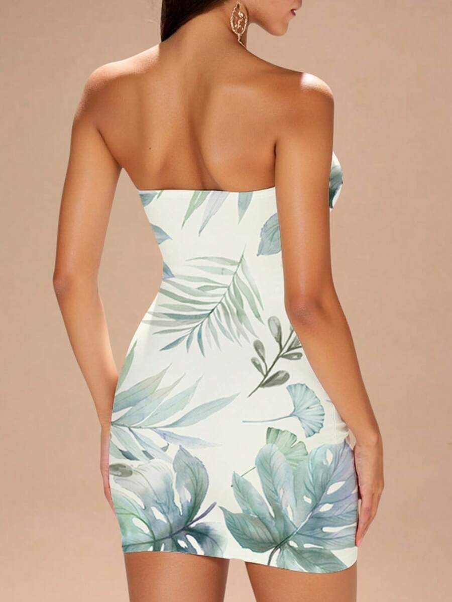 SHEIN Glamour Women's Summer Sexy & Romantic Halter Short Jumpsuit With Leaf Print, Suitable For Beach, Party, Date, Comfort